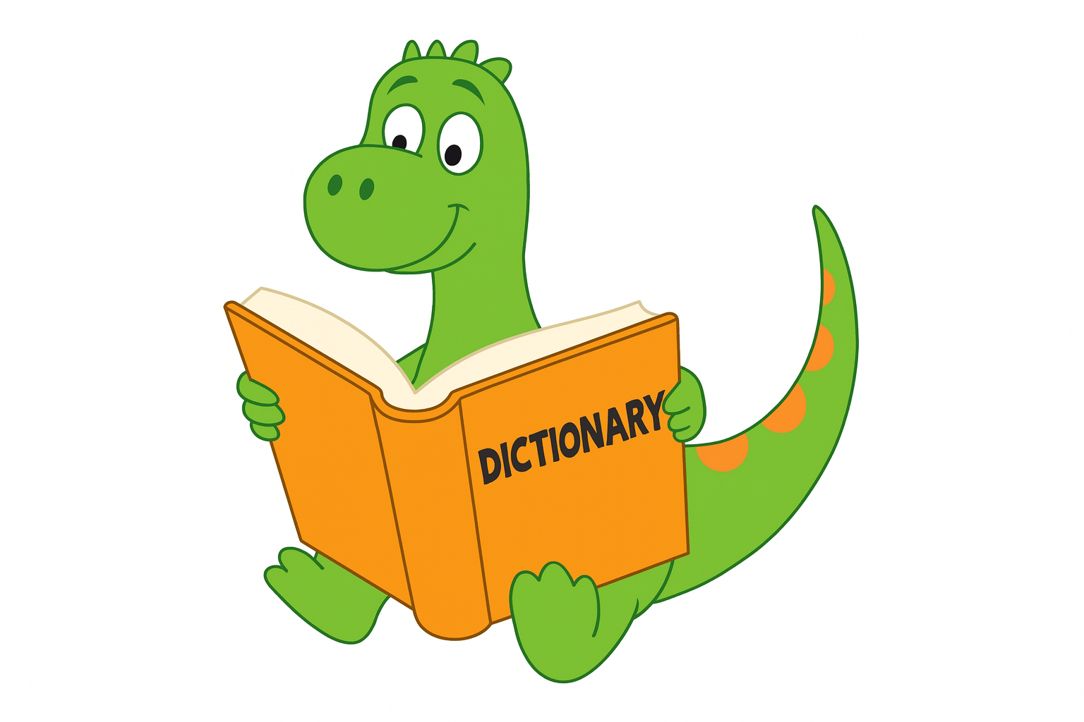 Friendly green dinosaur reading a kids dictionary on DinoSearch